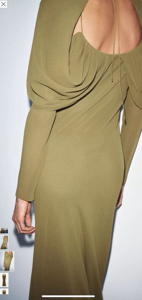 V Yaka Koyu Haki Uzun Kadın Elbise - Görsel 3