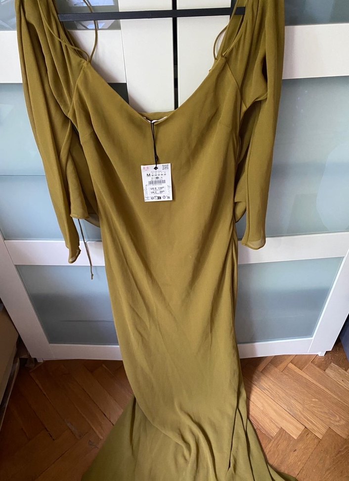 V Yaka Koyu Haki Uzun Kadın Elbise - Görsel 4