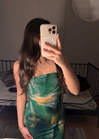 Yeşil Drapeli Uzun Straplez Elbise - Görsel 2