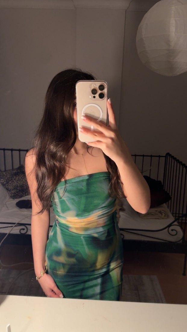 Yeşil Drapeli Uzun Straplez Elbise - Görsel 2