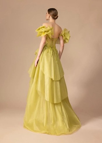 Uzun Sarı Volanlı Straplez Kadın Abiye - Görsel 2