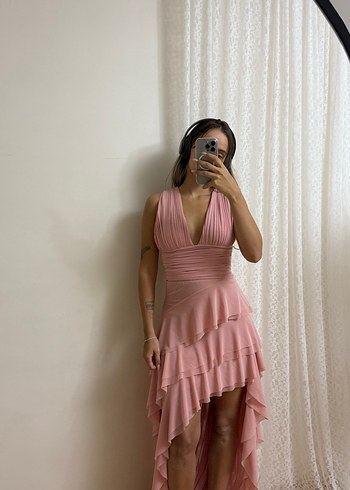 Pembe Drapeli Uzun V Yaka Kadın Elbise