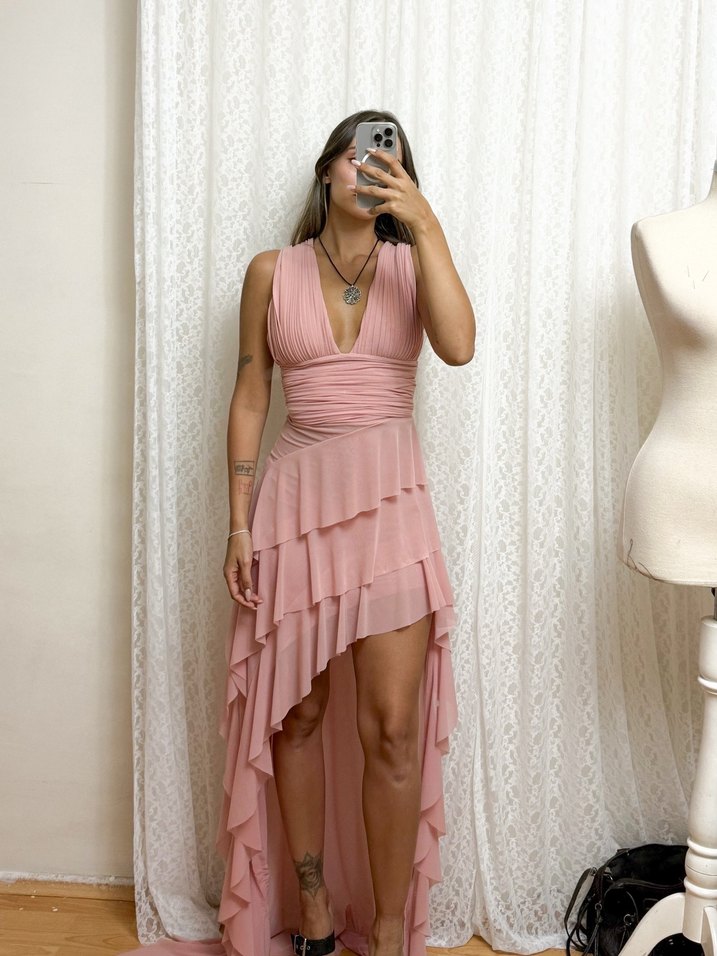 Pudra Renk Drapeli Uzun Abiye Elbise - Görsel 3