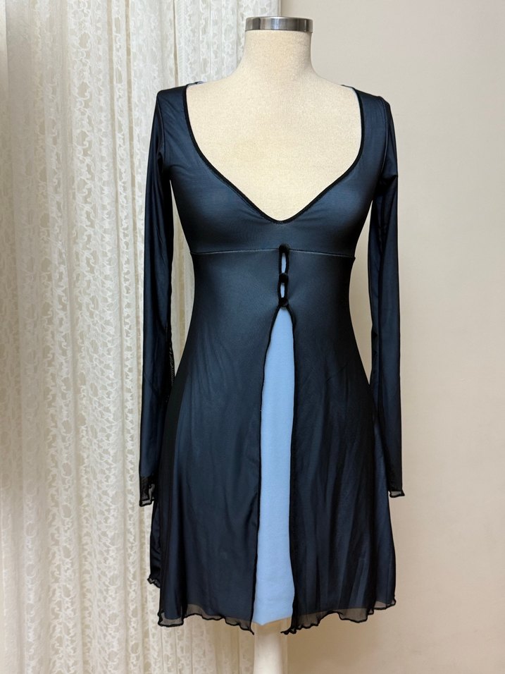 V Yaka Uzun Kollu Gotik Mavi Elbise - Görsel 2