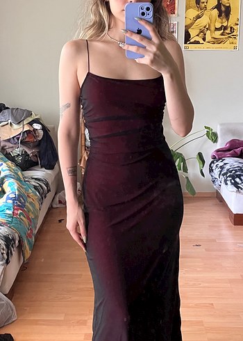 Bordo Drapeli Uzun Straplez Elbise - Görsel 3