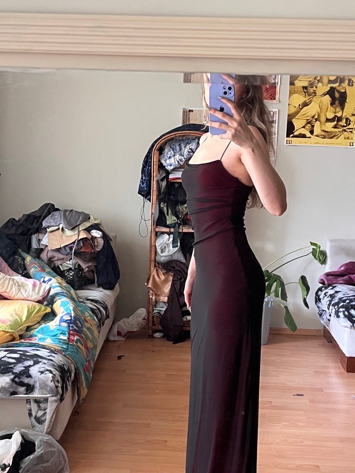 Bordo Drapeli Uzun Straplez Elbise - Görsel 4