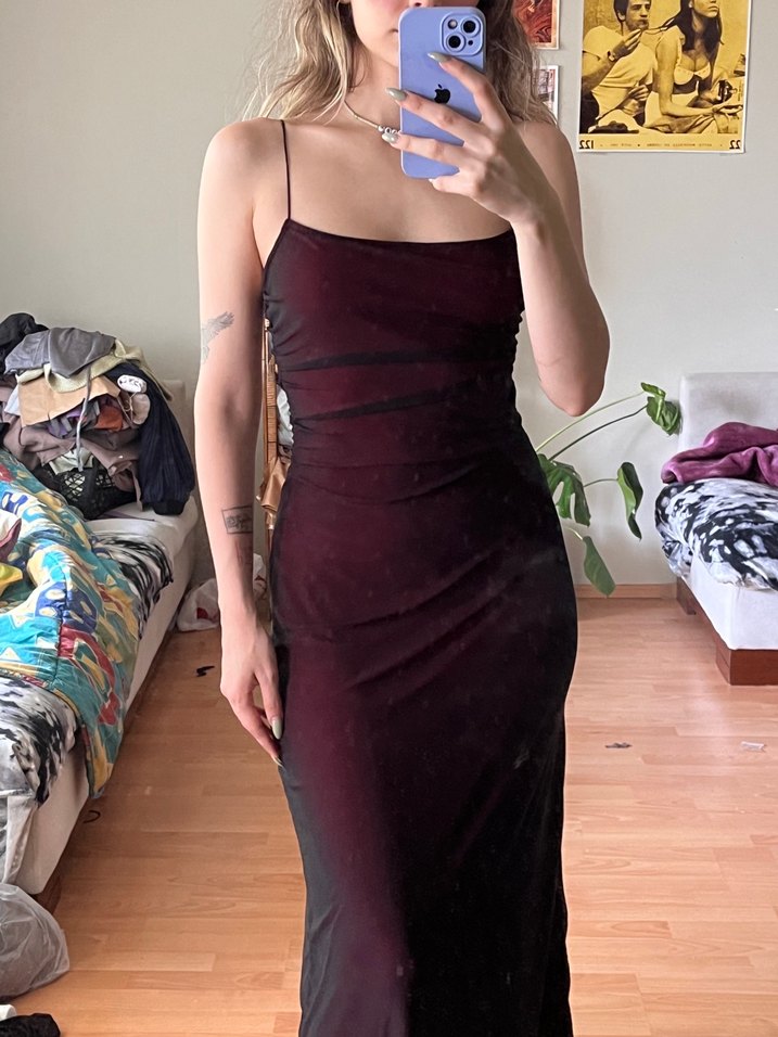 Bordo Drapeli Uzun Straplez Elbise - Görsel 3