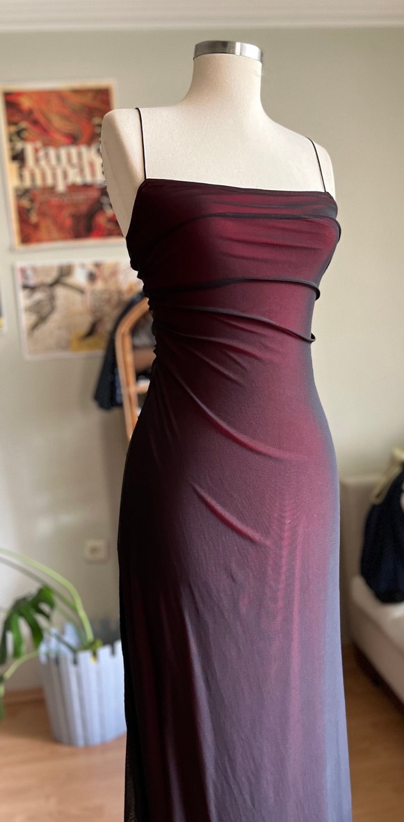 Bordo Drapeli Uzun Straplez Elbise - Görsel 2