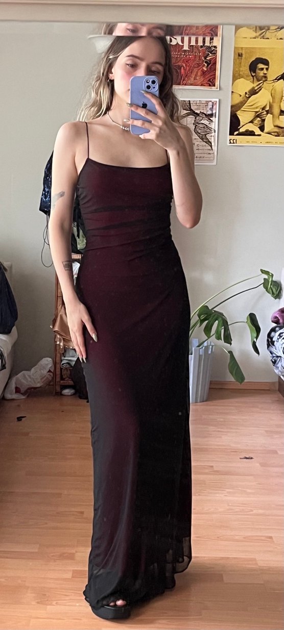 Bordo Drapeli Uzun Straplez Elbise - Görsel 5