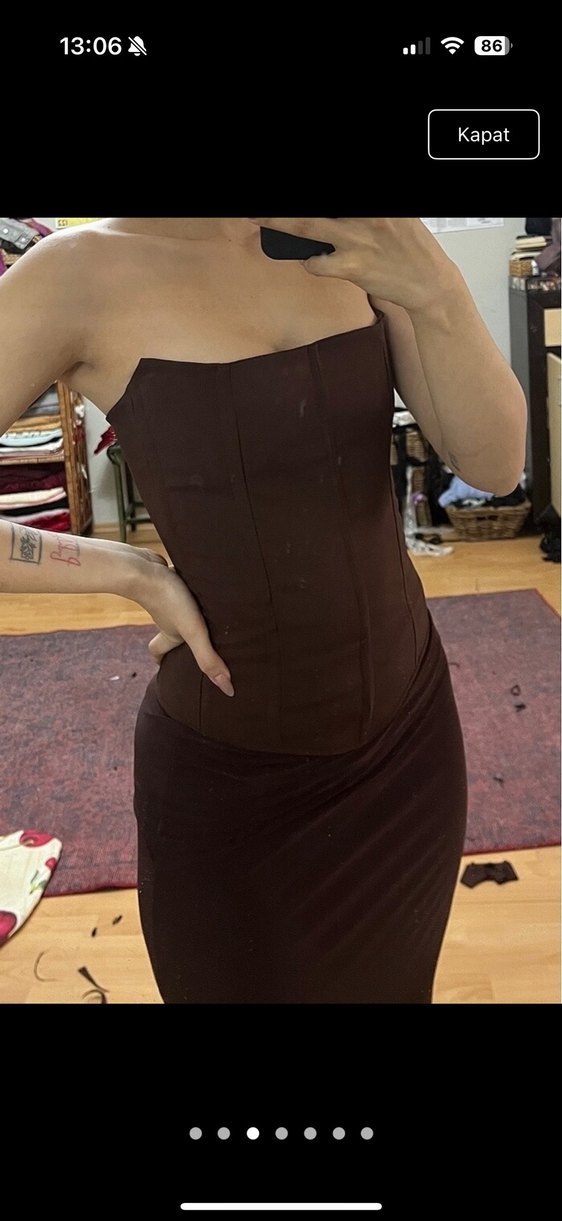 Kahverengi Straplez Midi Kadın Elbise - Görsel 3