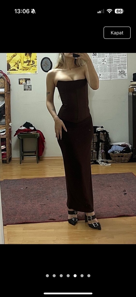 Kahverengi Straplez Midi Kadın Elbise - Görsel 4