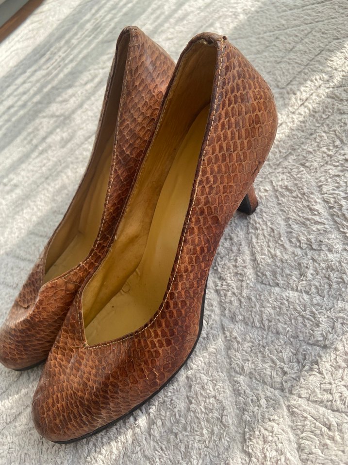 Kahverengi Yılan Desenli Deri Kadın Dolgu Topuk - Görsel 4