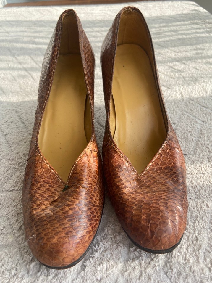 Kahverengi Yılan Desenli Deri Kadın Dolgu Topuk - Görsel 5