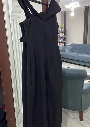Siyah V Yaka Kemerli Uzun Elbise - Görsel 6