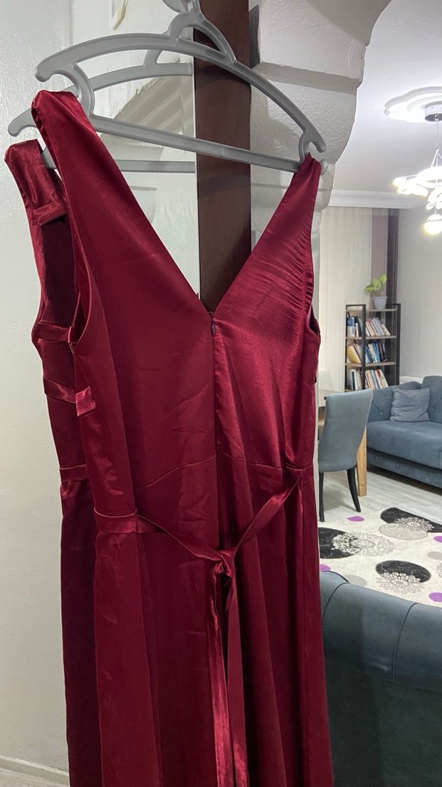 Bordo Drapeli Uzun Abiye Elbise - Görsel 5