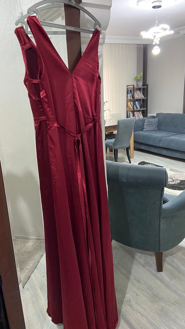 Bordo Drapeli Uzun Abiye Elbise - Görsel 4