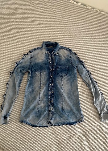 Düğmeli Kadın Denim Gömlek, Uzun Kollu