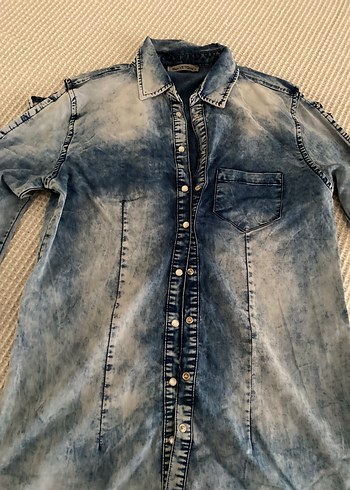 l Beden mavi Renk Düğmeli Kadın Denim Gömlek, Uzun Kollu