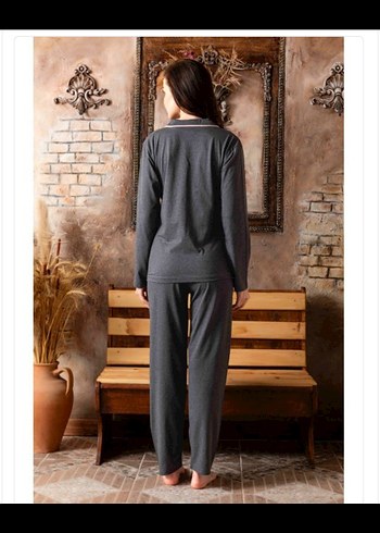 Gri Uzun Kollu Rahat Kadın Pijama Takımı - Görsel 2