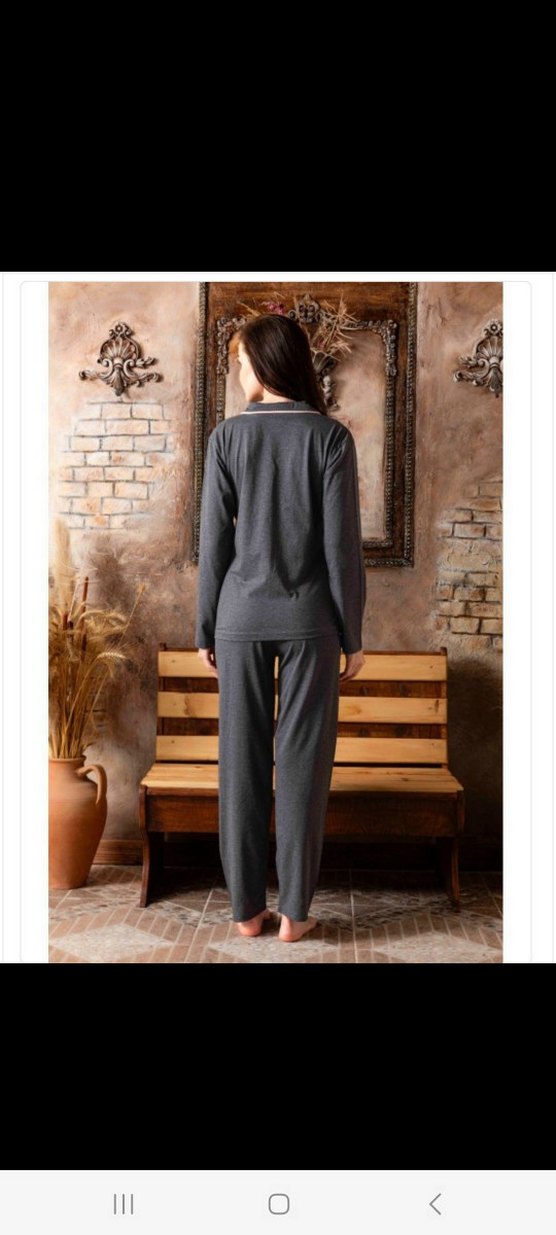 Gri Uzun Kollu Rahat Kadın Pijama Takımı - Görsel 2