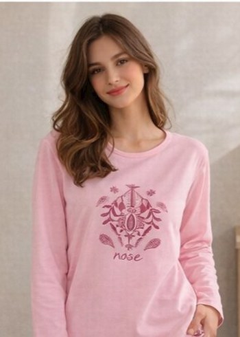 Pembe kadın Uzun Kollu Rahat Pijama Takımı - Görsel 2