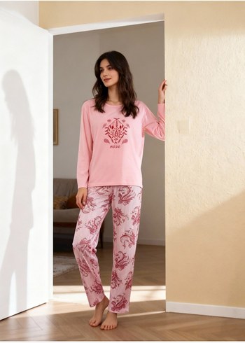 Pembe kadın Uzun Kollu Rahat Pijama Takımı - Görsel 3