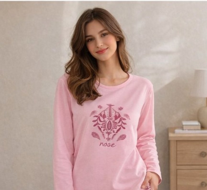 Pembe kadın  Uzun Kollu Rahat Pijama Takımı - Görsel 2