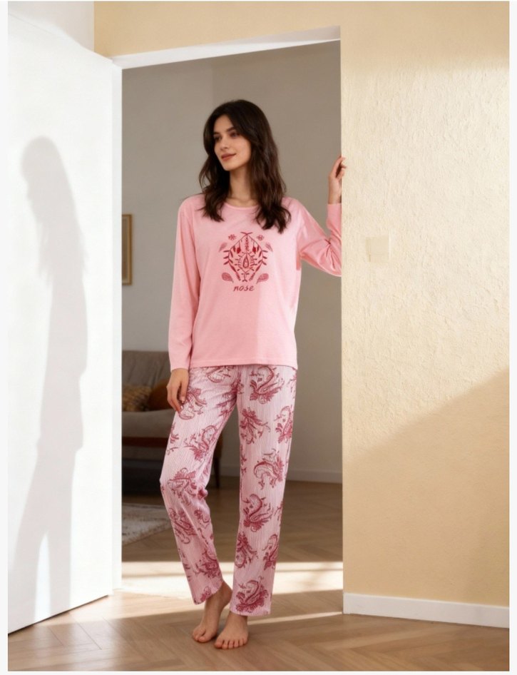 Pembe kadın  Uzun Kollu Rahat Pijama Takımı - Görsel 3