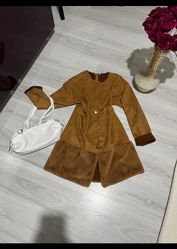 Vintage bohem y2k lolita Süet Kısa Kahverengi Kaban - Görsel 2