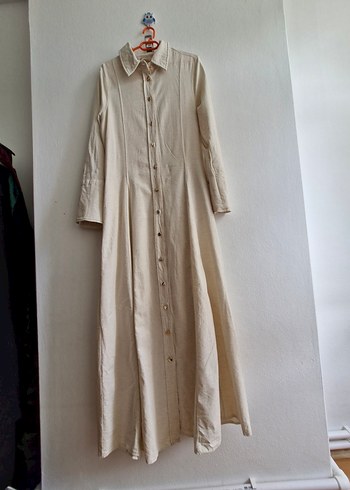 Bej Keten Uzun Kollu Uzun Elbise - Görsel 8