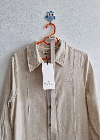 Bej Keten Uzun Kollu Uzun Elbise - Görsel 5