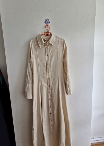 Bej Keten Uzun Kollu Uzun Elbise - Görsel 6