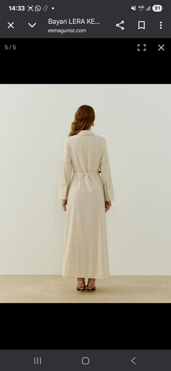 Bej Keten Uzun Kollu Uzun Elbise - Görsel 3