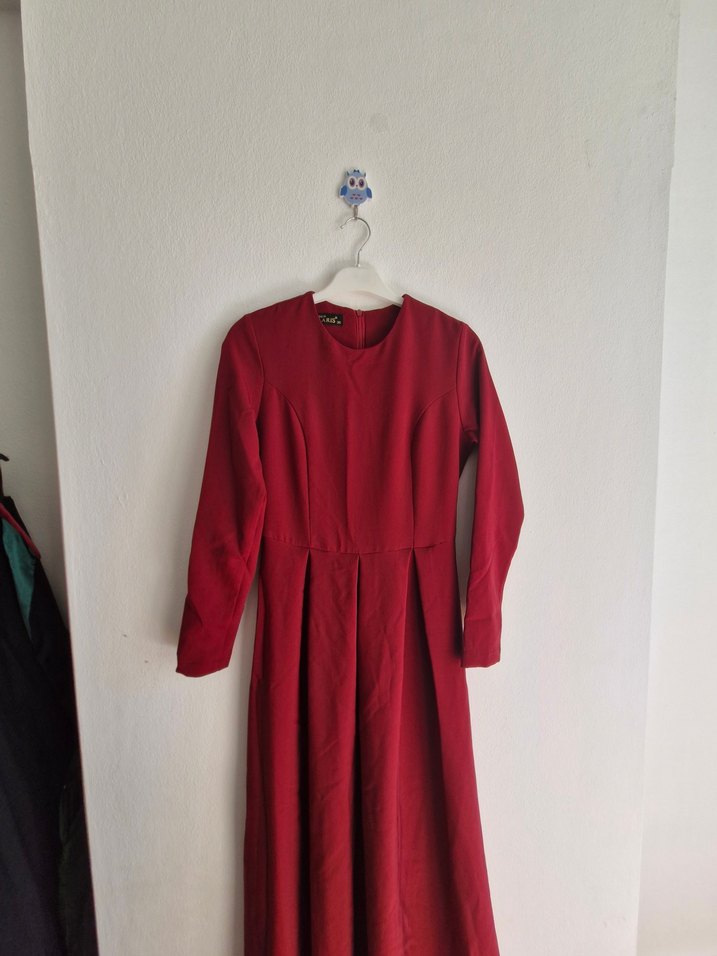 Kırmızı Uzun Kollu Pilili Elbise - Görsel 3