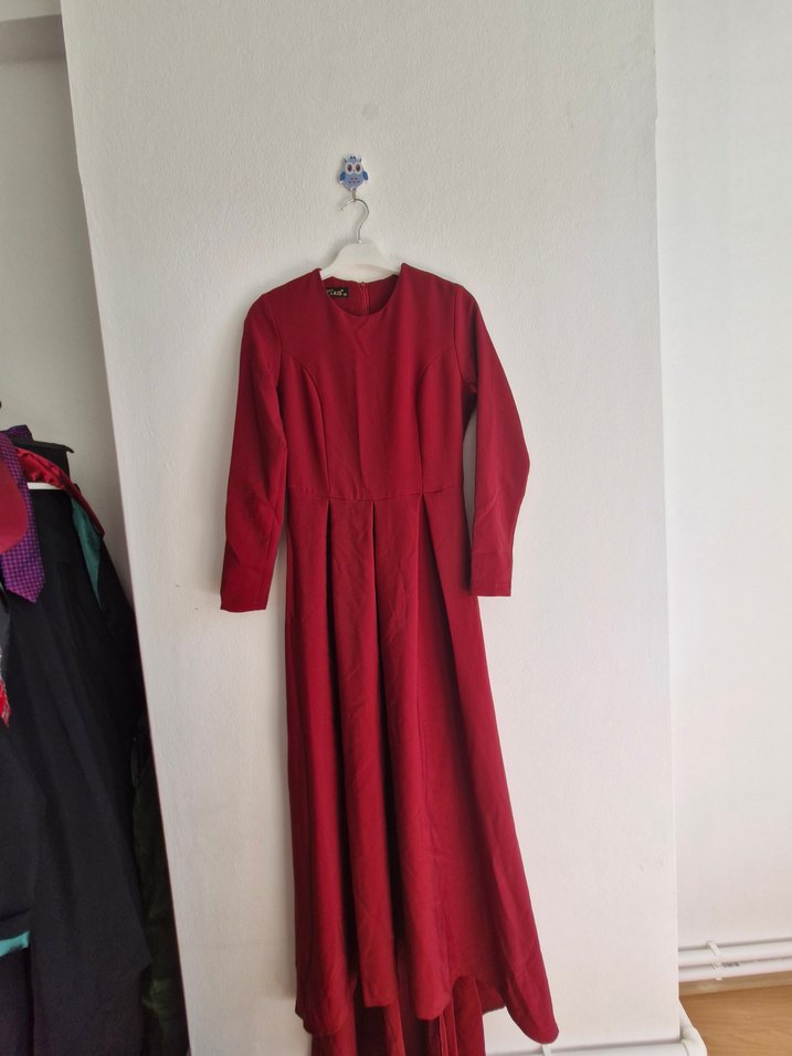 Kırmızı Uzun Kollu Pilili Elbise - Görsel 2