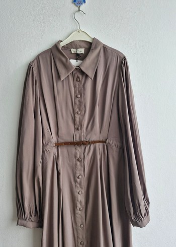 Bej Uzun Keten Elbise, Kemerli, Uzun Kollu - Görsel 6