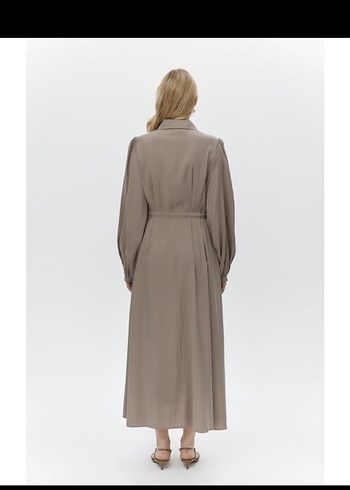 Bej Uzun Keten Elbise, Kemerli, Uzun Kollu - Görsel 4
