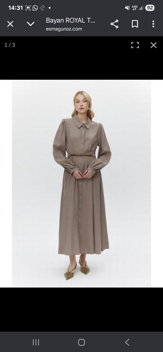 Bej Uzun Keten Elbise, Kemerli, Uzun Kollu - Görsel 2