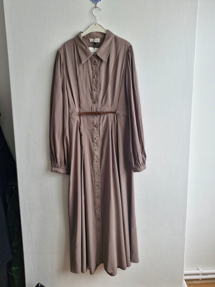 Bej Uzun Keten Elbise, Kemerli, Uzun Kollu - Görsel 5