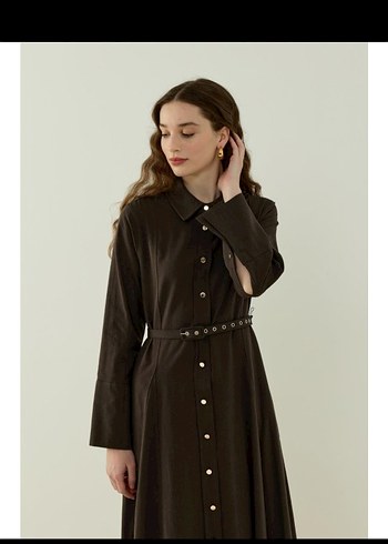 Kahverengi Uzun Kollu Kemerli Uzun Elbise - Görsel 3