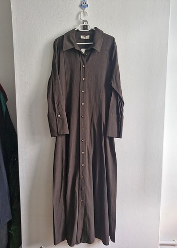 Kahverengi Uzun Kollu Kemerli Uzun Elbise - Görsel 6