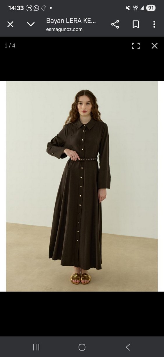 Kahverengi Uzun Kollu Kemerli Uzun Elbise - Görsel 2