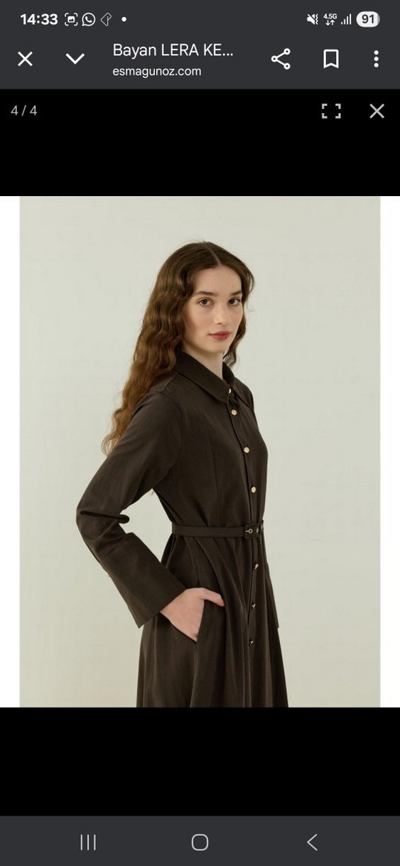 Kahverengi Uzun Kollu Kemerli Uzun Elbise - Görsel 4