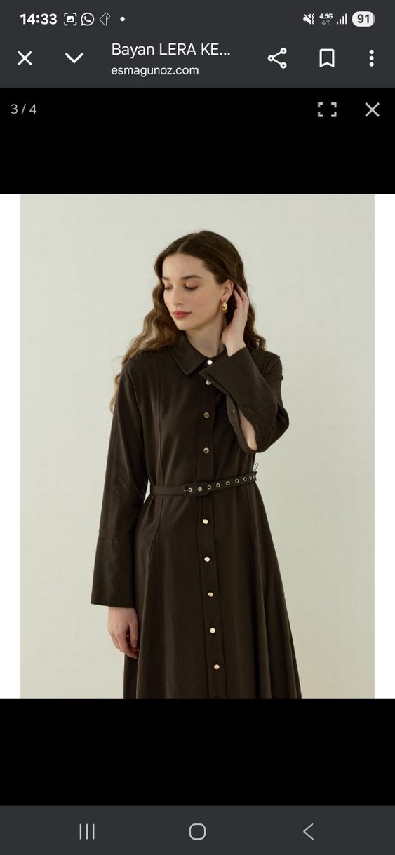 Kahverengi Uzun Kollu Kemerli Uzun Elbise - Görsel 3