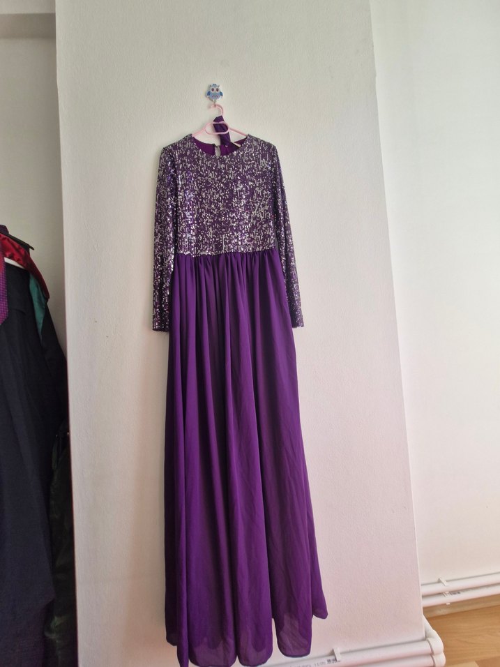 Uzun Kollu Mor Payetli Bohem Abiye Elbise - Görsel 2