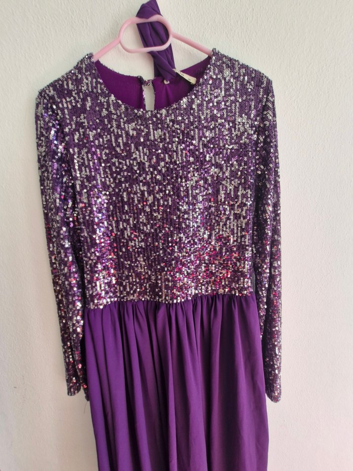 Uzun Kollu Mor Payetli Bohem Abiye Elbise - Görsel 3