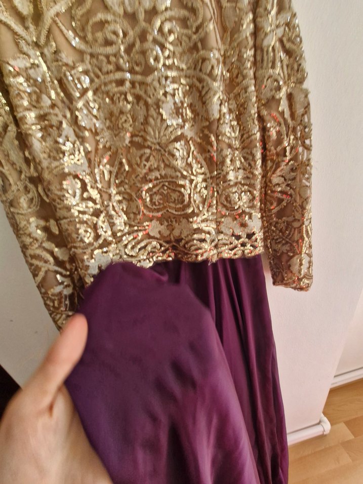 Uzun Kollu, hakim Yakalı Mor Vintage Elbise - Görsel 3