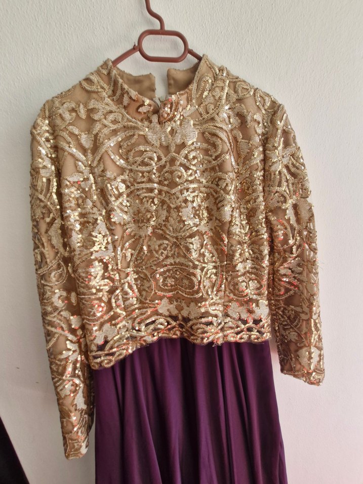 Uzun Kollu, hakim Yakalı Mor Vintage Elbise - Görsel 4