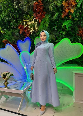 Uzun Kollu Mavi Bohem Zarif Abiye Elbise - Görsel 3