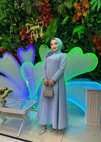 Uzun Kollu Mavi Bohem Zarif Abiye Elbise - Görsel 2